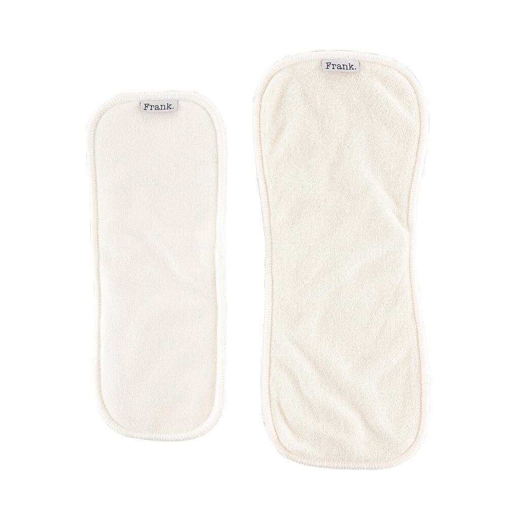 Cloth nappy insert set Frank Nappies. Image shows 2 natural fibre cloth nappy inserts. This pair of inserts are included as standard in Frank nappies. 