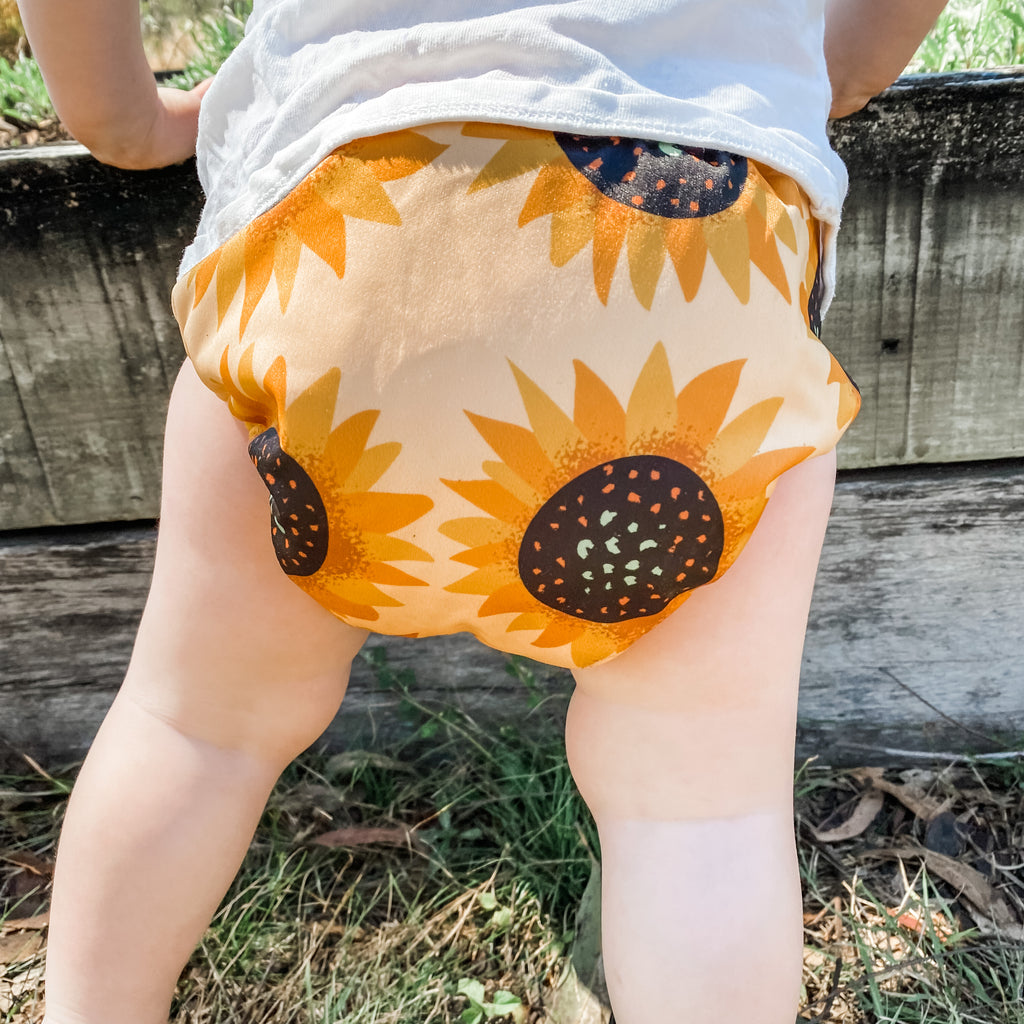Sunflower cloth nappy. Reusable cloth nappies Australia. 